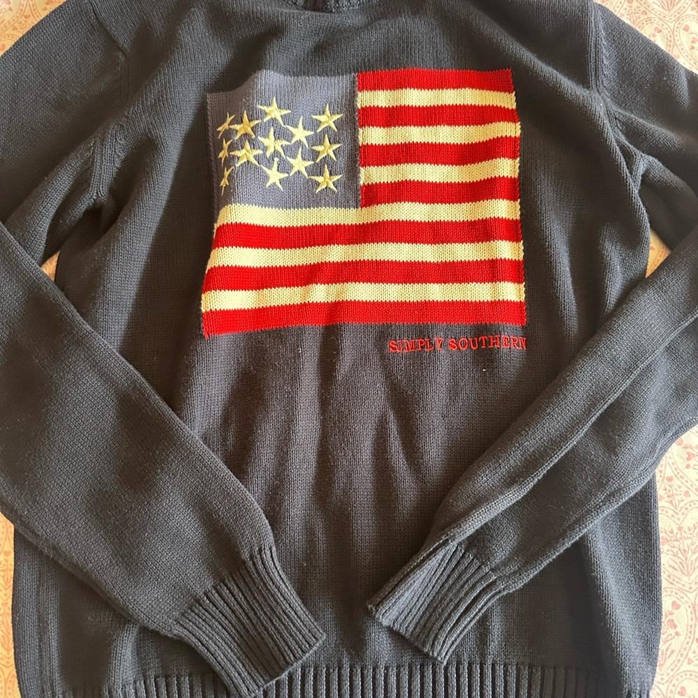 Simply Southern Navy Crewneck Sweater with Flag Intarsia
